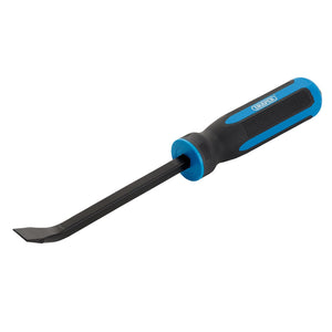 The Draper Soft Grip Pry Bar, 300mm - PB/SG4 by Draper is a flat pry bar crafted from chrome vanadium steel, featuring a blue and black soft grip handle, with a straight, thin metal shaft and a curved, flat tip.