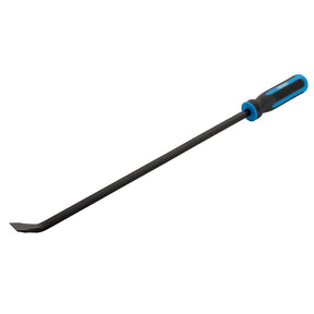 The Draper Soft Grip Pry Bar, 600mm - PB/SG6 features a long, black metal shaft made from hardened and tempered steel, complemented by a blue and black shock-resistant handle. Its tip is bent at an angle for efficient prying.
