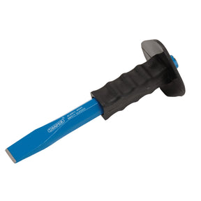 A Draper Octagonal Shank Cold Chisel with a hand guard, featuring a 25 x 250mm size, black impact-absorbing grip, and safety shield.
