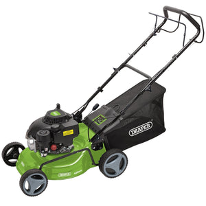 Introducing the Draper Steel Deck Petrol Lawn Mower, 420mm, 132Cc/3.3Hp - LMP410SP: a green and black self-propelled lawn mower equipped with a grass collection bag. This petrol-powered mower features an adjustable cut height, a push handle, and four wheels for ease of use.