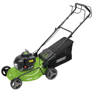 A green Draper Self-Propelled Petrol Lawn Mower, 460mm, 150Cc/3.6Hp - LMP460 with black handles and four wheels, featuring an adjustable cut height and a grass collection bag at the back.