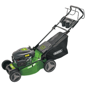 The Draper 510mm Self-Propelled Petrol Lawn Mower (173Cc/4.4Hp) - LMP510 features a green and black design, an adjustable cut height, a mulching deck, a grass collection bag with the brand "Draper" printed on it, and four wheels.