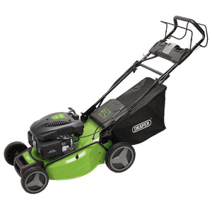 A Draper 530mm Self-Propelled Petrol Lawn Mower (173Cc/4.4Hp) - LMP530 in green and black, featuring a grass collection bag, set against a white background.