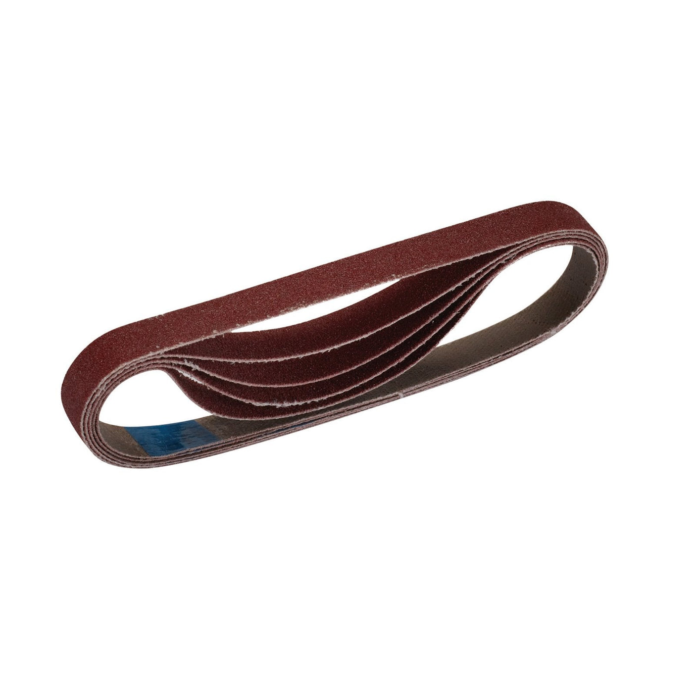 An isolated image of the Draper Cloth Sanding Belt, 10 x 330mm, featuring a reddish-brown surface and a continuous loop design, made with aluminium oxide.