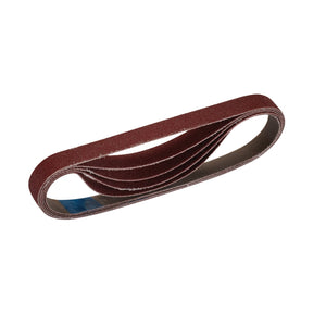 An isolated image of the Draper Cloth Sanding Belt, 10 x 330mm, featuring a reddish-brown surface and a continuous loop design, made with aluminium oxide.