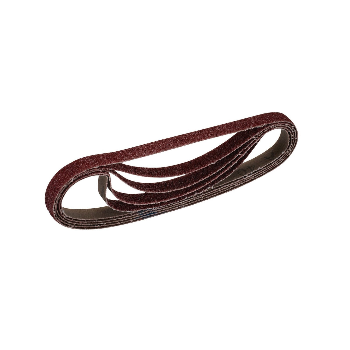 The Draper Cloth Sanding Belt, 13 X 457mm, 40 Grit (Pack Of 5) - SB13457 by Draper is a coiled, reddish-brown sanding belt with a textured abrasive surface and a smooth interior, ideal for wood finishing and sanding surfaces, often featuring durable aluminium oxide.