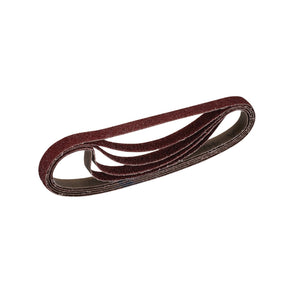 The Draper Cloth Sanding Belt, 13 X 457mm, 40 Grit (Pack Of 5) - SB13457 by Draper is a coiled, reddish-brown sanding belt with a textured abrasive surface and a smooth interior, ideal for wood finishing and sanding surfaces, often featuring durable aluminium oxide.