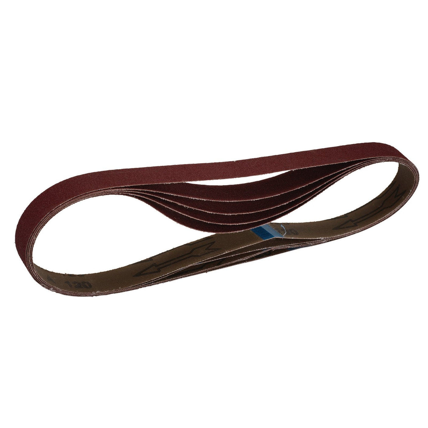 A Draper Cloth Sanding Belt, 25 x 762mm, 120 Grit (Pack of 5) - SB25762 features a looped, reddish-brown design with a rough texture made from high-performance aluminium oxide, perfect for use with a belt sander.