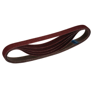 The Draper Cloth Sanding Belt, 25 X 762mm, 180 Grit (Pack Of 5) - SB25762, featuring a brown coiled abrasive surface with aluminium oxide on a polycotton cloth backing for efficient sanding and finishing tasks, is isolated on a white background.