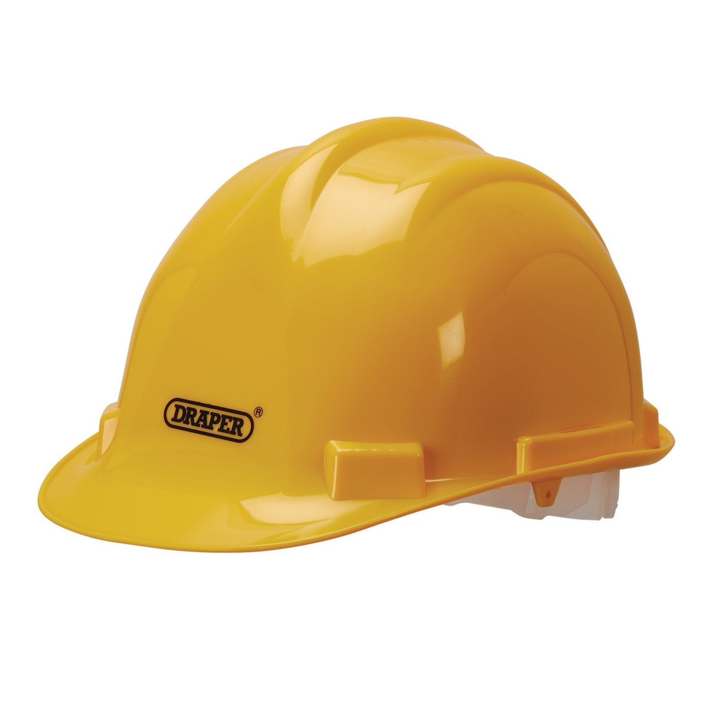 A Draper Safety Helmet, Yellow - SH1, featuring a fully adjustable head harness and meeting EN397 standard for safety helmets, with the brand name "Draper" printed on the side.