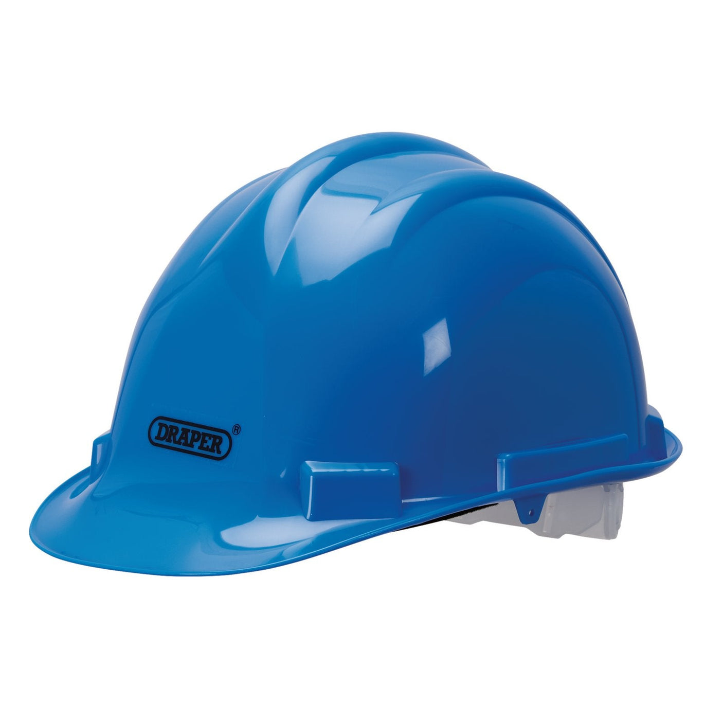 The Draper Safety Helmet, Blue - SH1, featuring the "Draper" brand prominently on the front, is compliant with the EN397 standard for safety helmets and is perfect for use at construction sites.