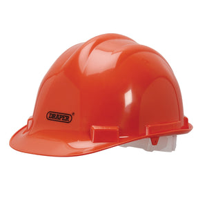 The Draper Safety Helmet, Orange - SH1, features the "Draper" logo on the side and is UKCA approved, meeting the EN397 standard for top-notch protection.