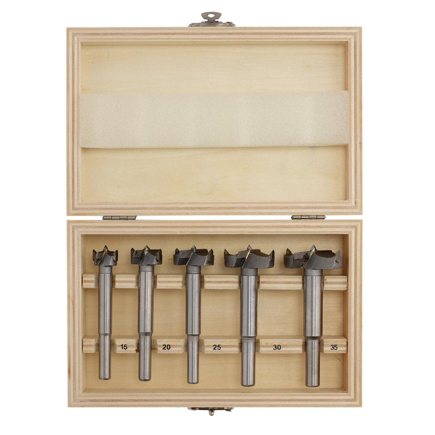 A wooden box containing the Draper Forstner Drill Bit Set (5 Piece) - FBS05, each labeled with their respective sizes: 15, 20, 25, 30, and 35 millimeters. The box is open, displaying the tungsten carbide tipped bits neatly organized in individual slots.