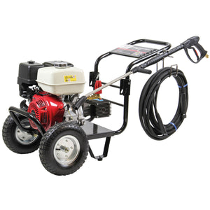 Introducing the SIP - TEMPEST PP960/210 Honda GX Pressure Washer (SIP-08948), a portable pressure washer with a space-saving folding design, featuring a Honda GX red and white motor, twin wheels for easy mobility, and a durable COMET crankshaft pump complete with a long black hose conveniently coiled on the side.