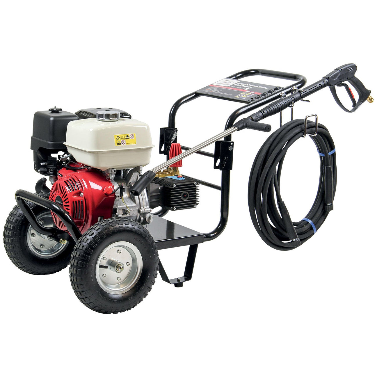 The SIP TEMPEST PP960/280 Honda GX Pressure Washer (SIP-08950) by SIP is a wheeled, motorized unit equipped with a hose coiled around the handle and a spray gun attached to the frame. It boasts a powerful HONDA engine, large tires, and a heavy-duty crankshaft pump delivering up to 4005 psi pressure.