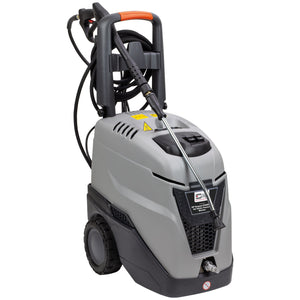 The SIP - TEMPEST PH480/150 Hot Electric Pressure Washer - SIP-08953 by SIP features a gray exterior with a COMET Axial pump, black hose, and spray wand, along with sturdy wheels and a handle for easy portability.