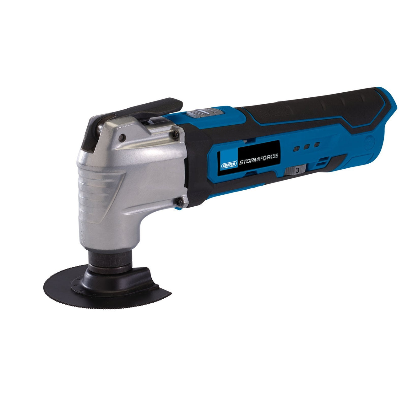 A Draper Storm Force® 10.8V Oscillating Multi-Tool (Sold Bare) - OMT108 in blue and black, featuring a quick-change blade function.