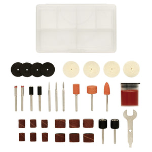 The Draper Accessories Set for D20 Engraver/Grinder (32 Piece) - AD20EG-1 is a versatile toolkit featuring rotary tool attachments, including polishing wheels, sanding drums, grinding stones, sanding bands, drill bits, a wrench, and a handy storage case.