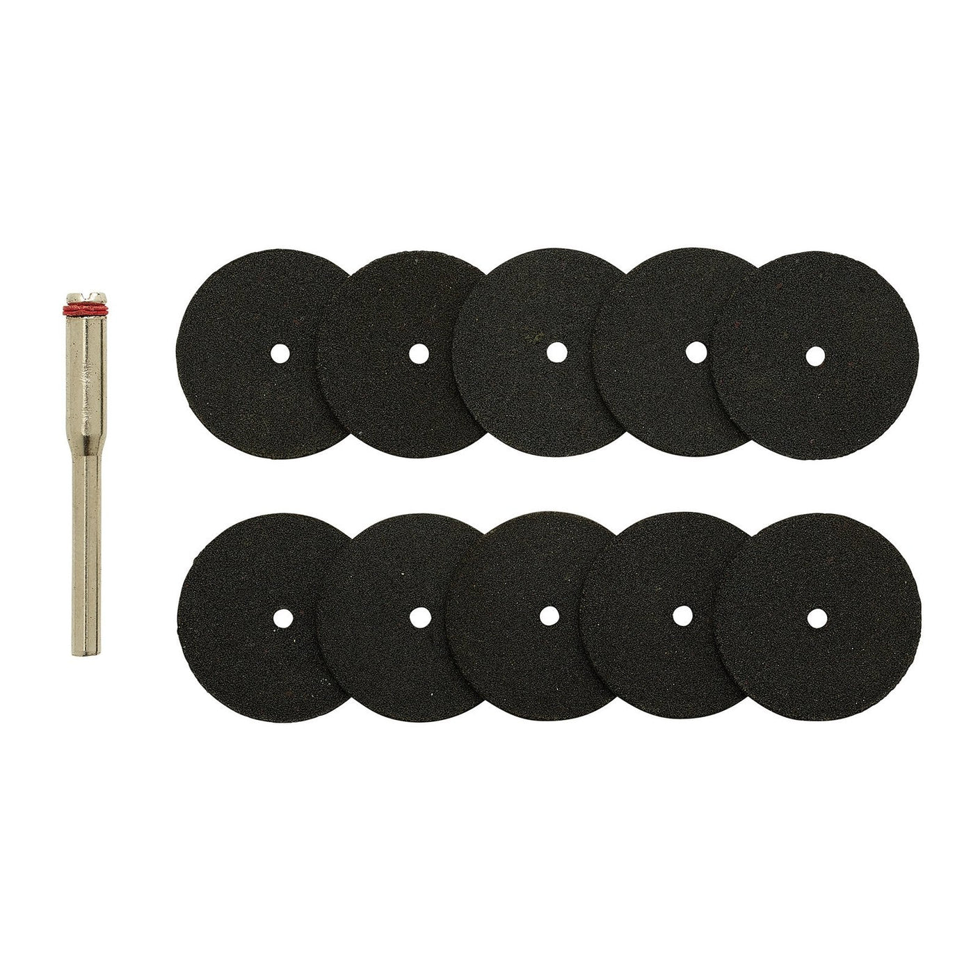 The Draper Cutting Wheels and Holder for the D20 Engraver/Grinder (10 Piece) - AD20EG-3, features ten black circular cutting discs and a silver mandrel, all neatly arranged on a white background.