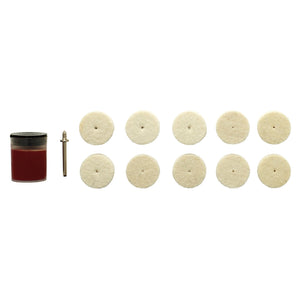 A set of polishing accessories from Draper, including a small jar of red paste, a metal spindle attachment for your engraver/grinder, and ten white felt polishing wheels arranged in two rows. This kit is part of the Draper Polishing Wheels Set For D20 Engraver/Grinder (12 Piece) - AD20EG-4.