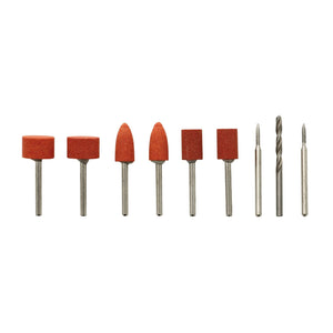 A set of nine Draper Grinding/Drilling Points for the D20 Engraver/Grinder (model AD20EG-5), featuring six diamond grinding points in various shapes and three pointed metal drill bits, displayed in a row on a white background. Perfect for any engraver or grinder seeking high-quality tools.