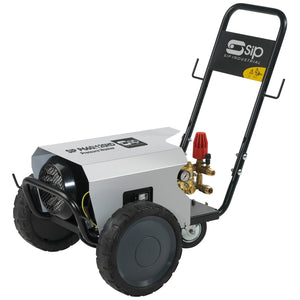 A SIP TEMPEST HDP660/120-02 Electric Pressure Washer (SIP-08961), featuring a heavy-duty COMET Triplex pump, two large wheels, a black handle, and a red control valve.