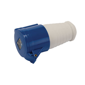 A Draper 230V Site Socket, 32A - SS230V/32A, compliant with EN regulations, lies on its side. This blue and white industrial electrical plug features a cylindrical shape with a ridged grip on the white section, making it suitable for outdoor environments.