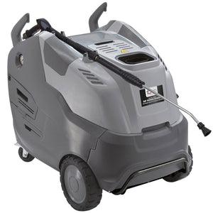 The SIP - TEMPEST PH660/120HDS Steam Pressure Washer - SIP-08962 by SIP features a gray and black design, complete with two large wheels, a hose, and a top handle for easy mobility. Engineered for heavy-duty cleaning tasks in commercial applications, this Hot Water & Steam Electric Pressure Washer is perfect for efficiently tackling the toughest jobs.