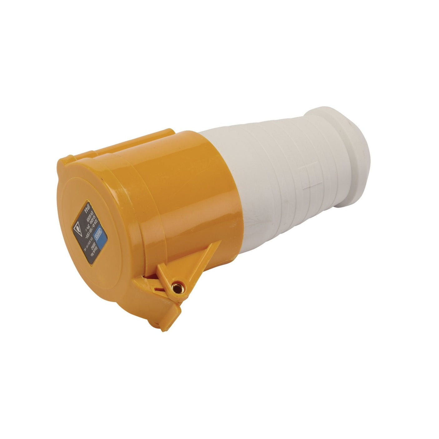 Close-up of a yellow and white Draper 110V Site Socket, 32A - SS110V/32A industrial electrical plug with a protective cap, designed for a three-phase connection, perfect for outdoor environments. Features an IP44 rating for added durability.