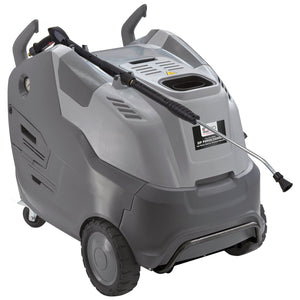 The SIP - TEMPEST PH900/200HDS Steam Pressure Washer (SIP-08964) is an industrial-grade machine equipped with a built-in hose and wheels, featuring a grey and black design, multiple control panels, handles, and a COMET Triplex crankshaft pump powered by a diesel-fired boiler for exceptional performance.