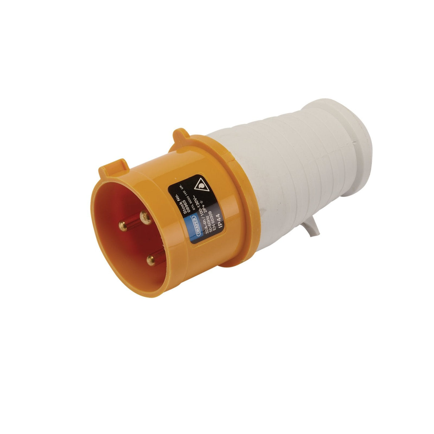 A Draper 110V Site Plug, 32A - SP110V/32A with a yellow connector and a white casing, viewed from the female end. Ideal for construction sites, this IP44 site plug boasts a splashproof rating for added durability.