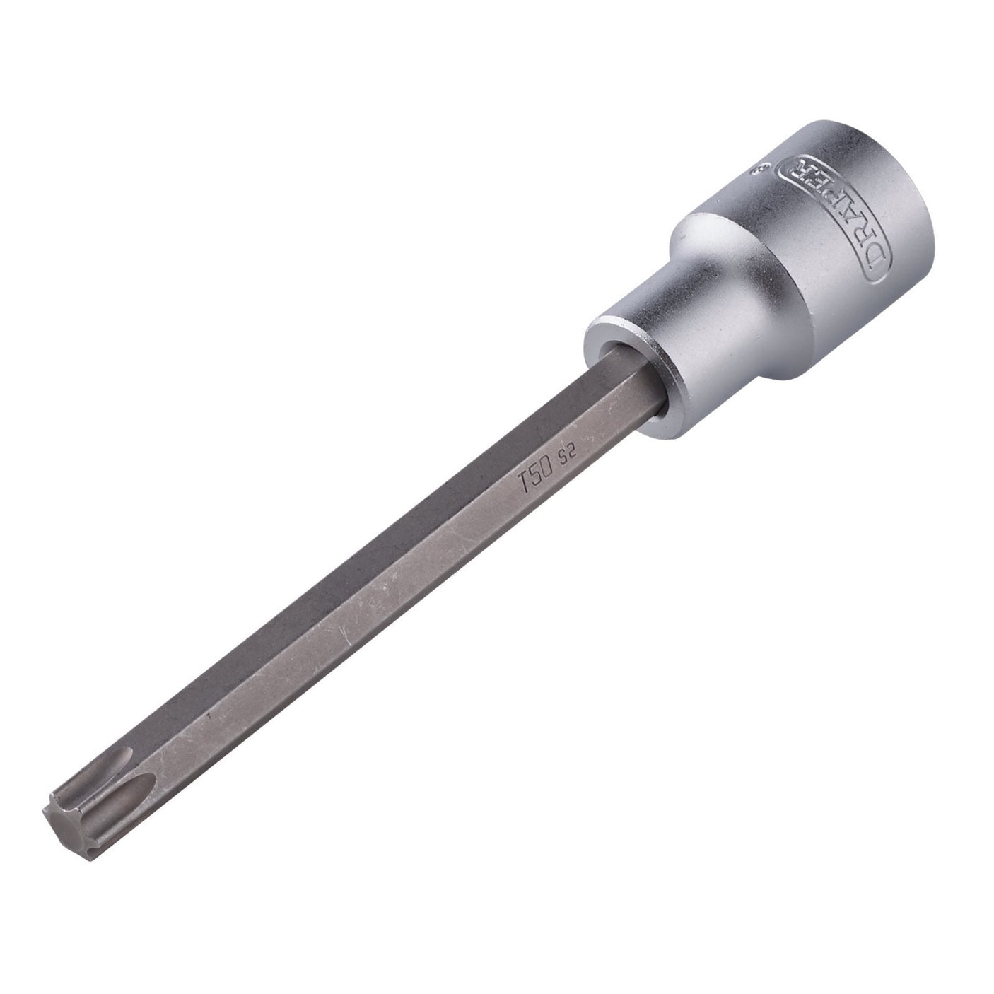 A Draper Tx-Star® Socket Bit, 1/2" Sq. Dr., T50 X 125mm tool with a long Torx bit and a rounded handle.