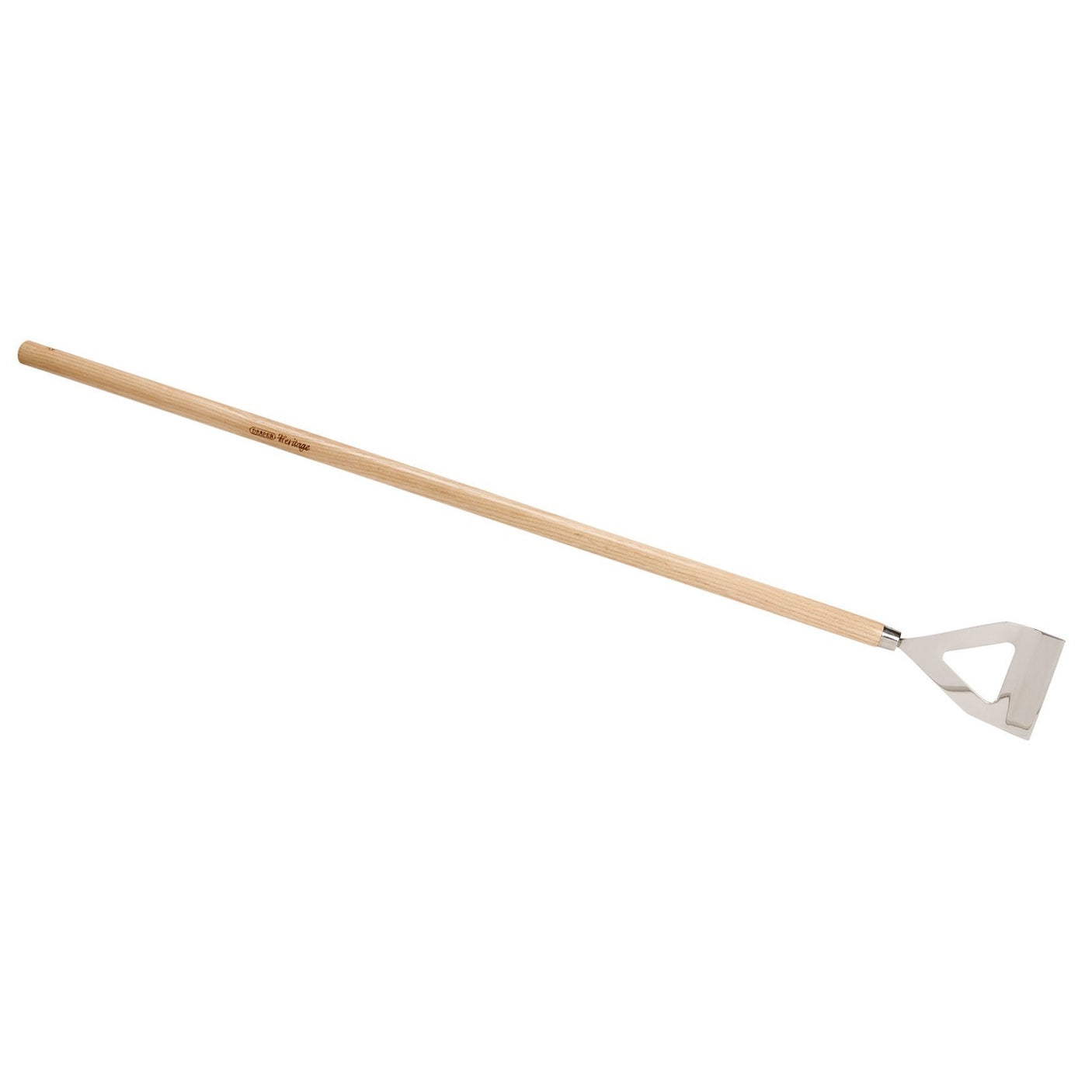 The Draper Heritage Junior Stainless Steel Dutch Hoe - JH/DH/SS by Draper features a solid ash handle and a metal triangular blade, perfect for efficient garden maintenance.