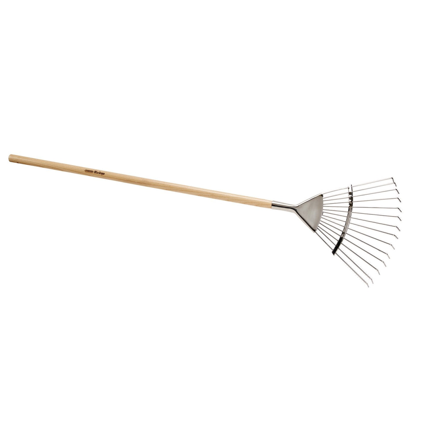 The Draper Heritage Junior Stainless Steel Lawn Rake - JH/LR/SR by Draper features a wooden handle and curved metal tines arranged in a fan shape.