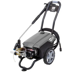 The SIP CW3000 Pro Electric Pressure Washer (Model SIP-08976) in gray and black features a heavy-duty pump, comes with an attached spray gun and hose, is designed for cleaning surfaces, and has convenient wheels for easy mobility.