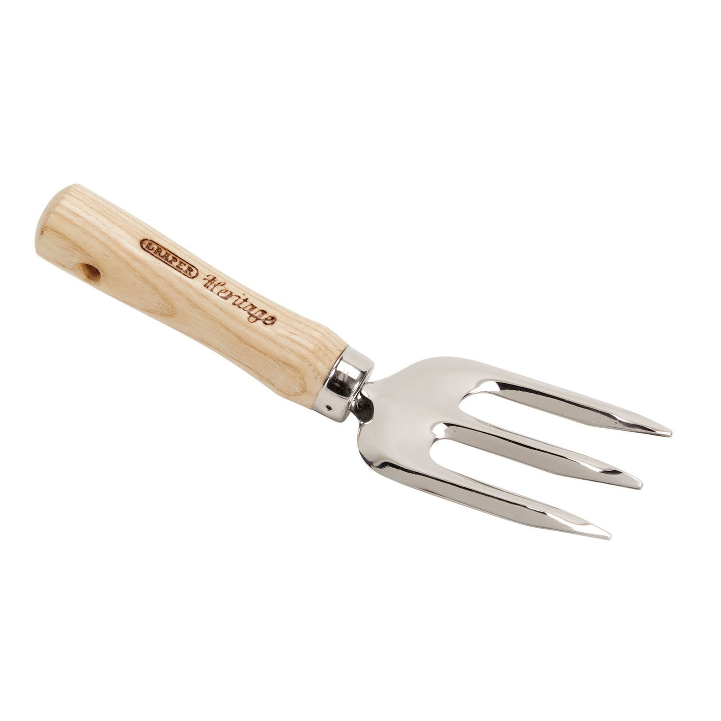 A Draper Heritage Junior Stainless Steel Weeding Fork (JH/HF/SS) with a polished stainless steel head and a wooden handle.