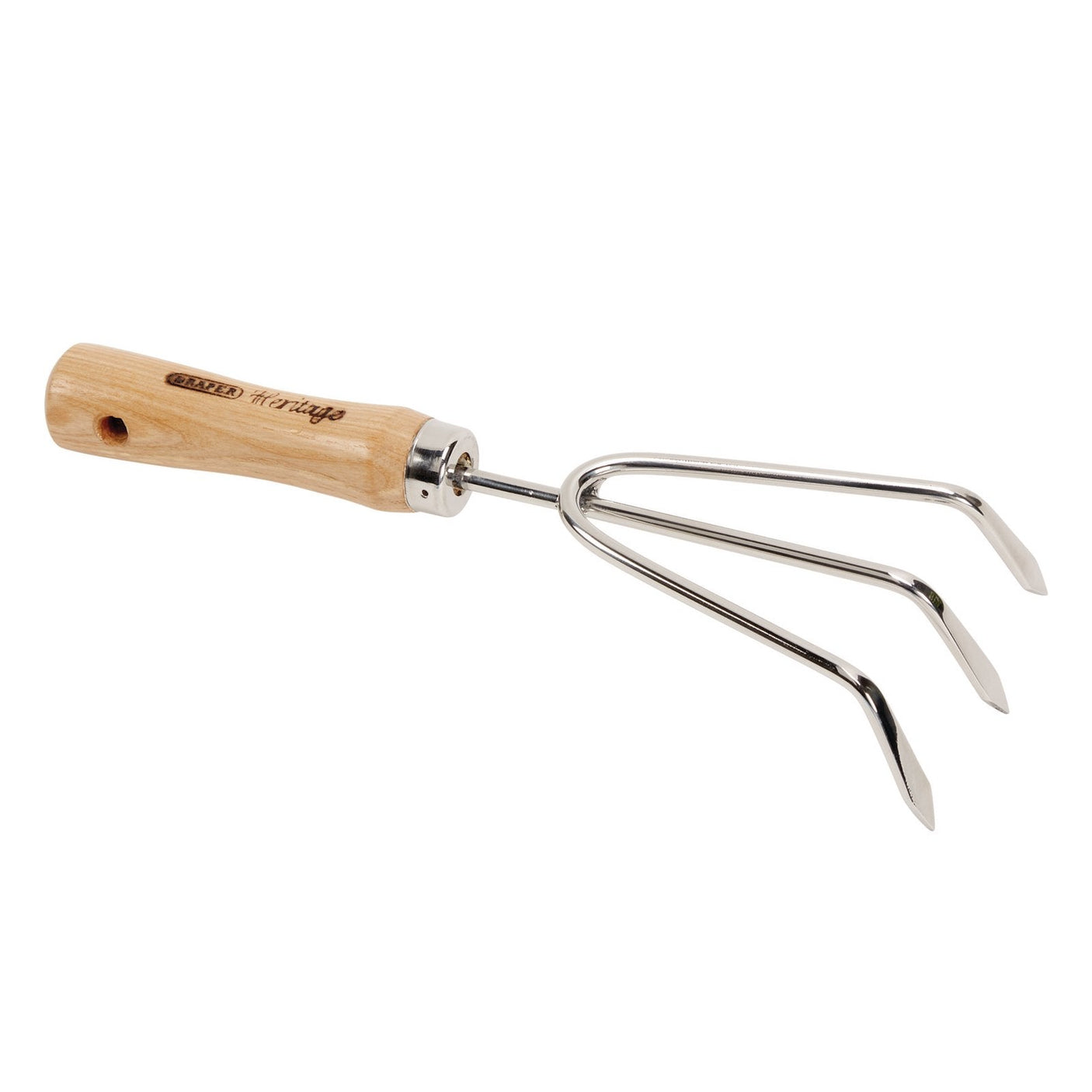 A Draper Heritage Junior Stainless Steel Hand Cultivator - JH/HC/SS featuring a three-pronged design with a wooden handle.