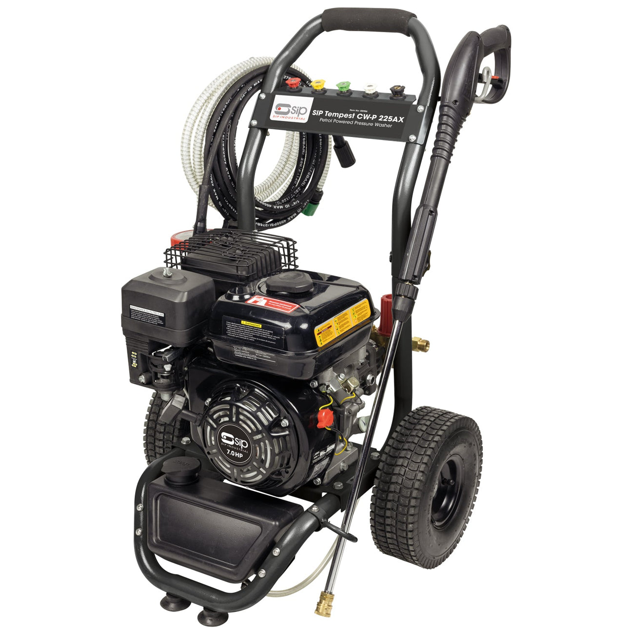 Image of a black and silver SIP - TEMPEST CW-P 225AX Petrol Pressure Washer (SIP-08986) with two large wheels, multiple hoses, and control buttons. The machine features a high-pressure water jet, making it ideal for professional use, and offers a compact, portable design.