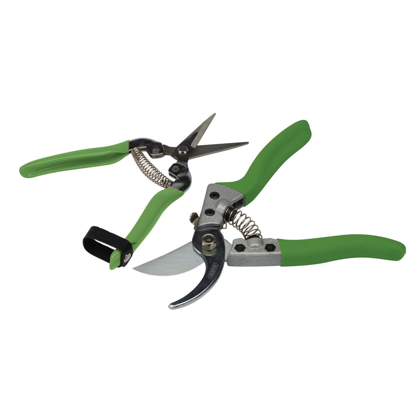 The Draper Bypass Pruner and Flower Shear Set (2 Piece) - BFSEC/2, featuring two green-handled tools - a bypass pruner with a curved blade and a flower shear with straight, pointed blades - lie against a white background. Both are crafted from durable carbon steel.