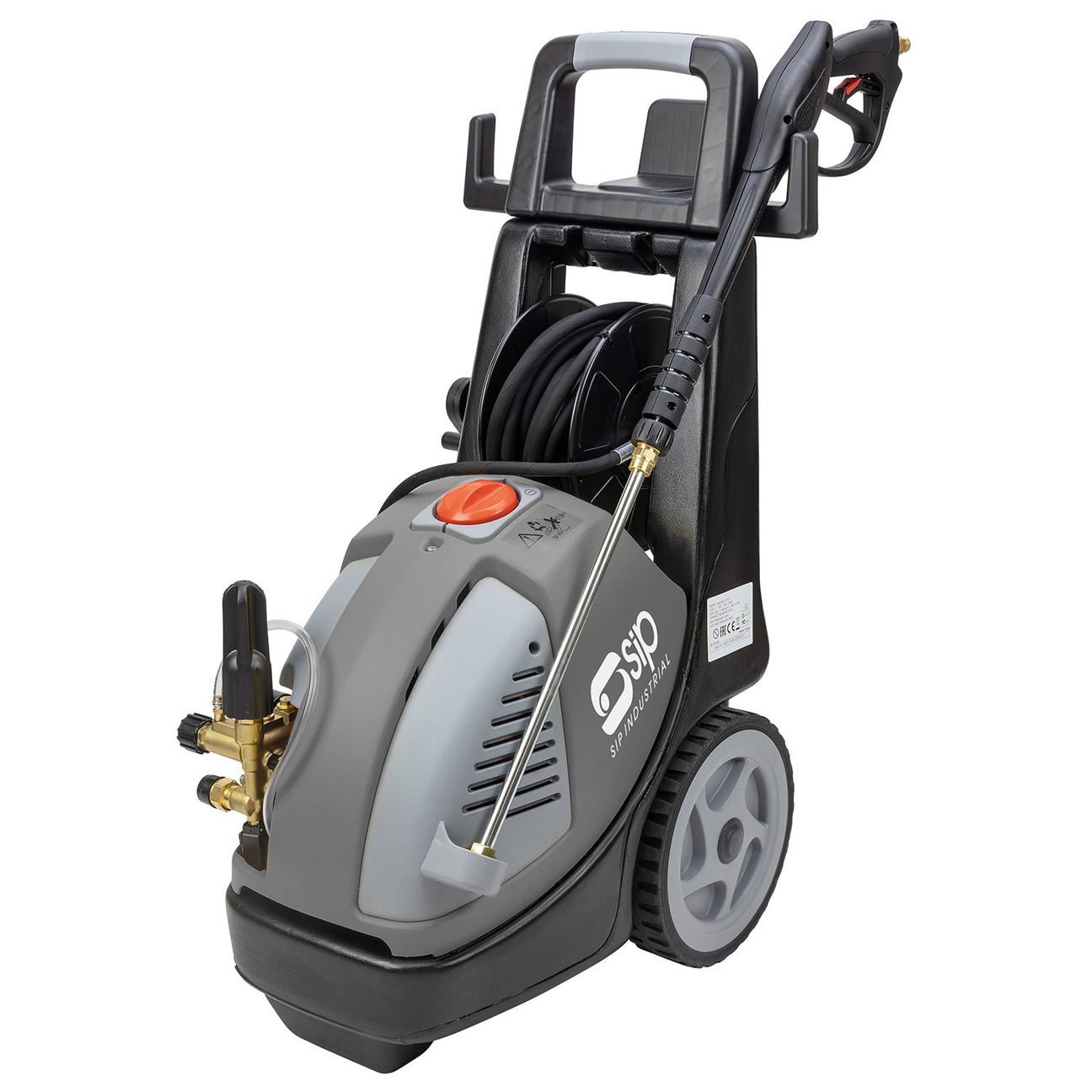 The SIP - TEMPEST P660/150 Electric Pressure Washer - SIP-08990 by SIP, boasts a high-pressure output and comes equipped with a wheeled base, hose reel, and spray gun. It features a predominantly gray and black color scheme with metallic accents and includes an orange button. Additionally, this washer integrates a Total Stop function for enhanced efficiency.