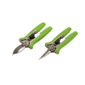 Two pairs of Draper Bypass Pruning Shears, 150mm (2 Piece) - SFSEC/2, green and silver with stainless steel blades—one featuring curved blades and the other straight—ideal for bonsai pruning, set against a white background.