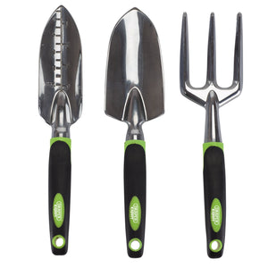 Introducing the Draper Expert Aluminium Hand Fork And Trowel Set (3 Piece) - AGCT/SET, a durable garden hand tool set by Draper featuring strong aluminum construction and ergonomic soft grip handles in black and green. This set includes a trowel with measurement markings, a plain trowel, and a three-pronged hand fork.