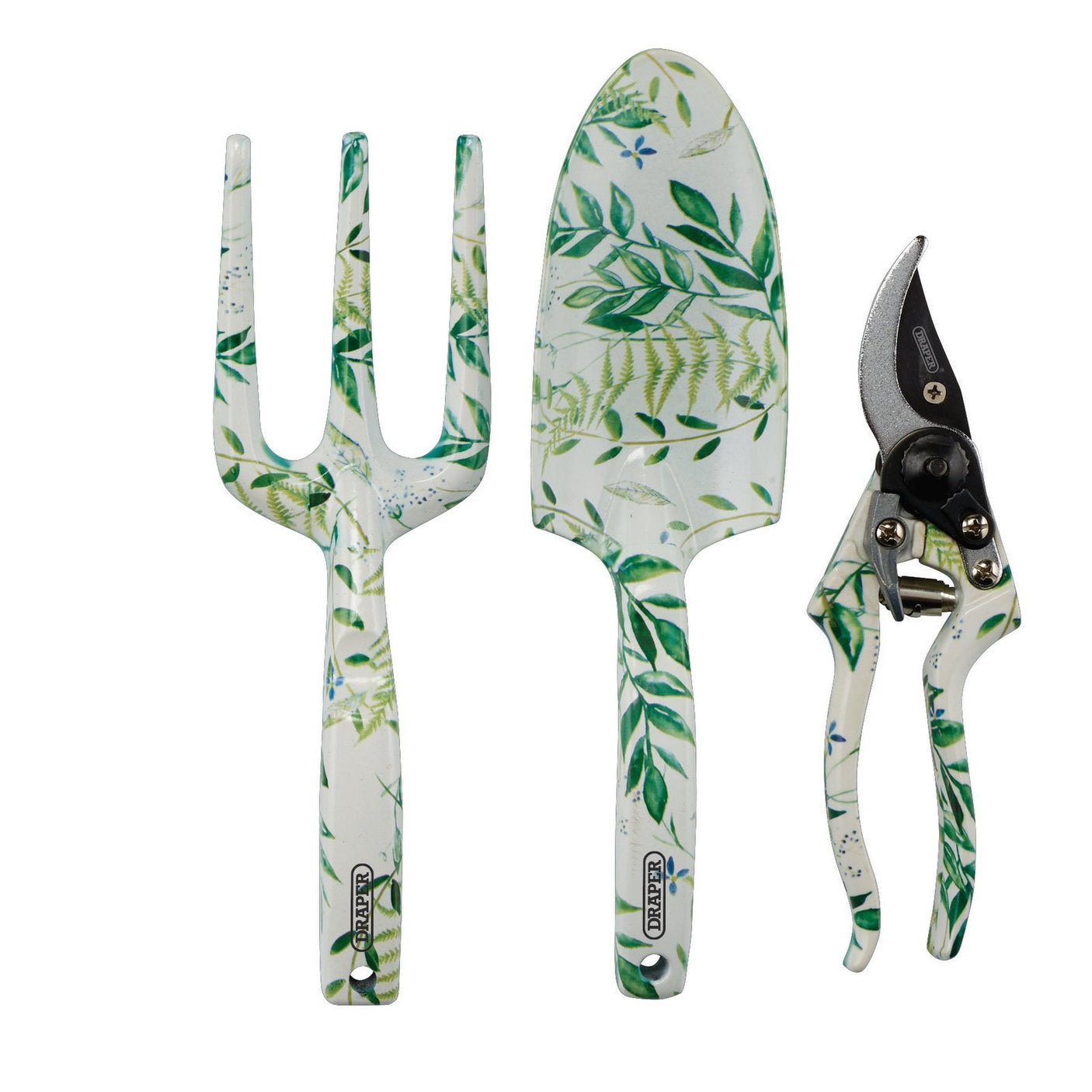 Introducing the Draper Garden Tool Set With Floral Pattern (3 Piece) - AFTS/3. This stylish set includes a hand fork, trowel, and bypass secateurs, each adorned with elegant white handles featuring green leaf patterns. Expertly crafted from hardened aluminum, these tools are designed by Draper to provide lasting durability for all your gardening needs.