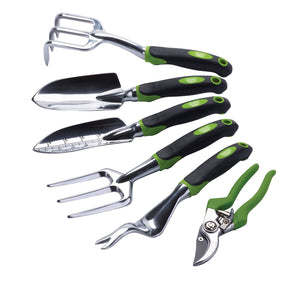 The Draper Expert Garden Tool Set (6 Piece) - AGTS/5 from Draper includes six garden hand tools, featuring ergonomic soft grip handles in black and green. The set contains a hand rake, trowel, transplanter, hand fork, weeder, and bypass secateurs.