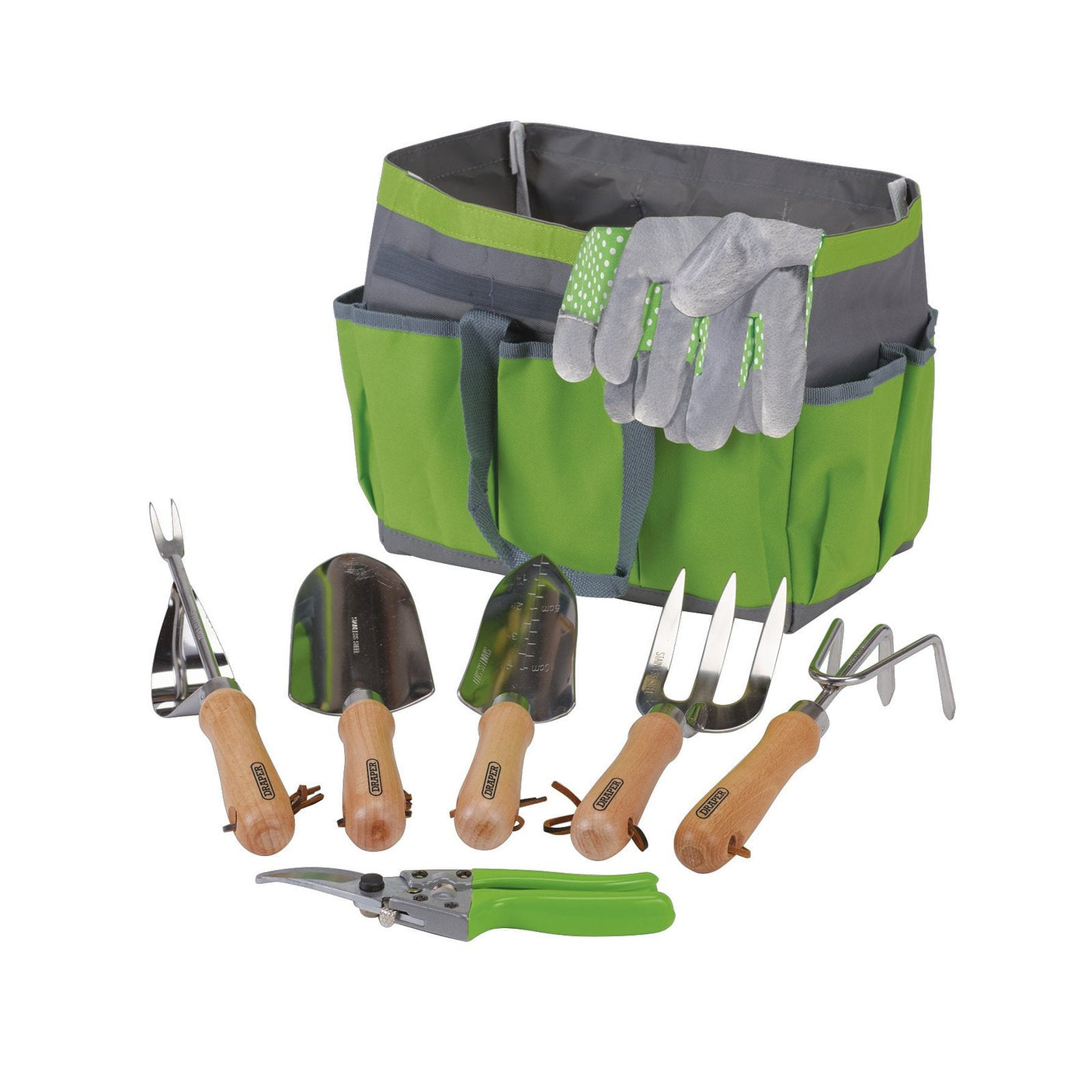 The Draper Stainless Steel Garden Tool Set With Storage Bag (8 Piece) - HGTS/8 features a green storage bag, gardening gloves, and various tools including a pruner, hand trowel, transplanter, weeder, hand rake, and cultivator—all equipped with wooden handles.