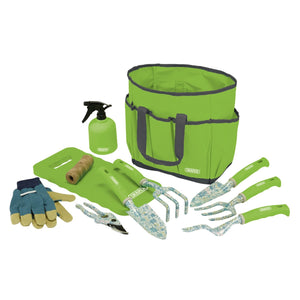 The Draper Garden Tool Set With Floral Pattern (11 Piece) - GTS/11 includes a green tote bag, kneeling pad, gardening gloves, spray bottle, twine, pruners, and various hand tools with floral handles.