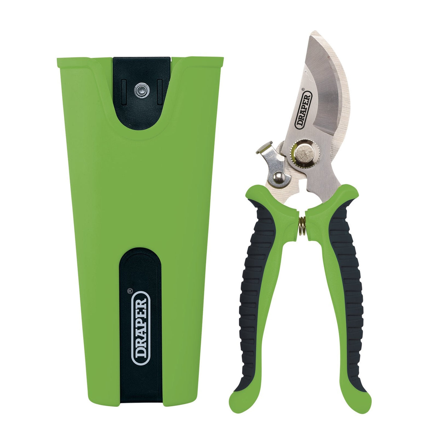 Draper Bypass Secateurs and Holster Set, 190mm (2 Piece) - BSHDL, featuring green and black pruning shears with a protective sheath and a safety lock for secure storage.