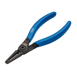 Introducing the Draper Expert Straight Tip Internal Circlip Pliers, J1, 140mm - 50/INT by Draper: These precision-tip pliers feature non-slip blue handles, a pointed nose, and a central pivot mechanism.