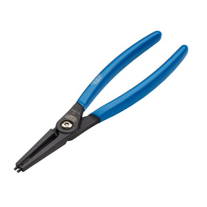 The Draper Expert Straight Tip Internal Circlip Pliers, J3, 225mm - 50/INT feature blue handles with a high carbon steel body, blacked phosphate finish, and a pivot joint.