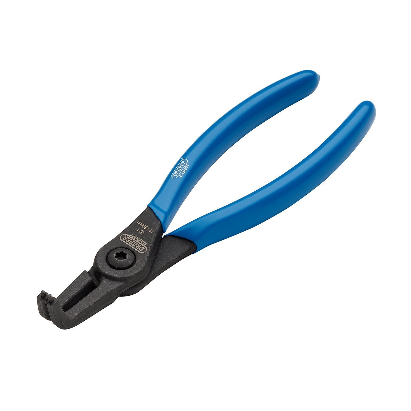 The Draper Expert 90° Internal Circlip Pliers, J21, 170mm - 50/INT/90 feature blue handles, precision tips, and a black metal jaw. Made from high carbon steel, these pliers are designed for gripping or cutting.